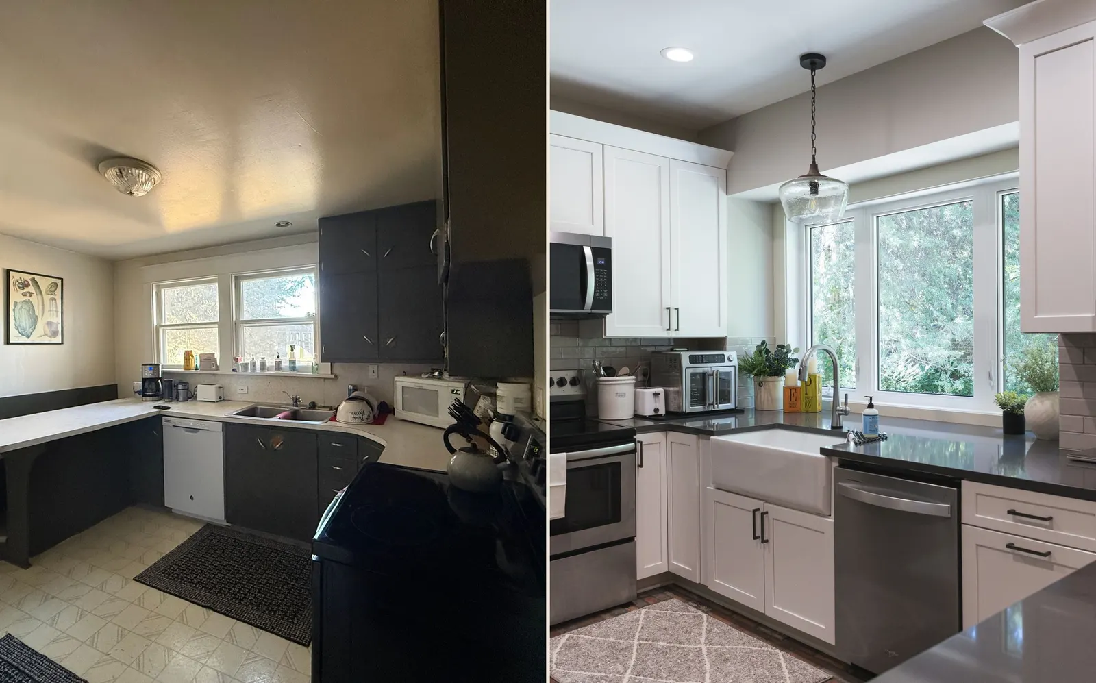 Side-by-side before and after of the kitchen corner. Before: a built-in eating bench and dark cabinets. After: white cabinets, a range wall, and a bay window.