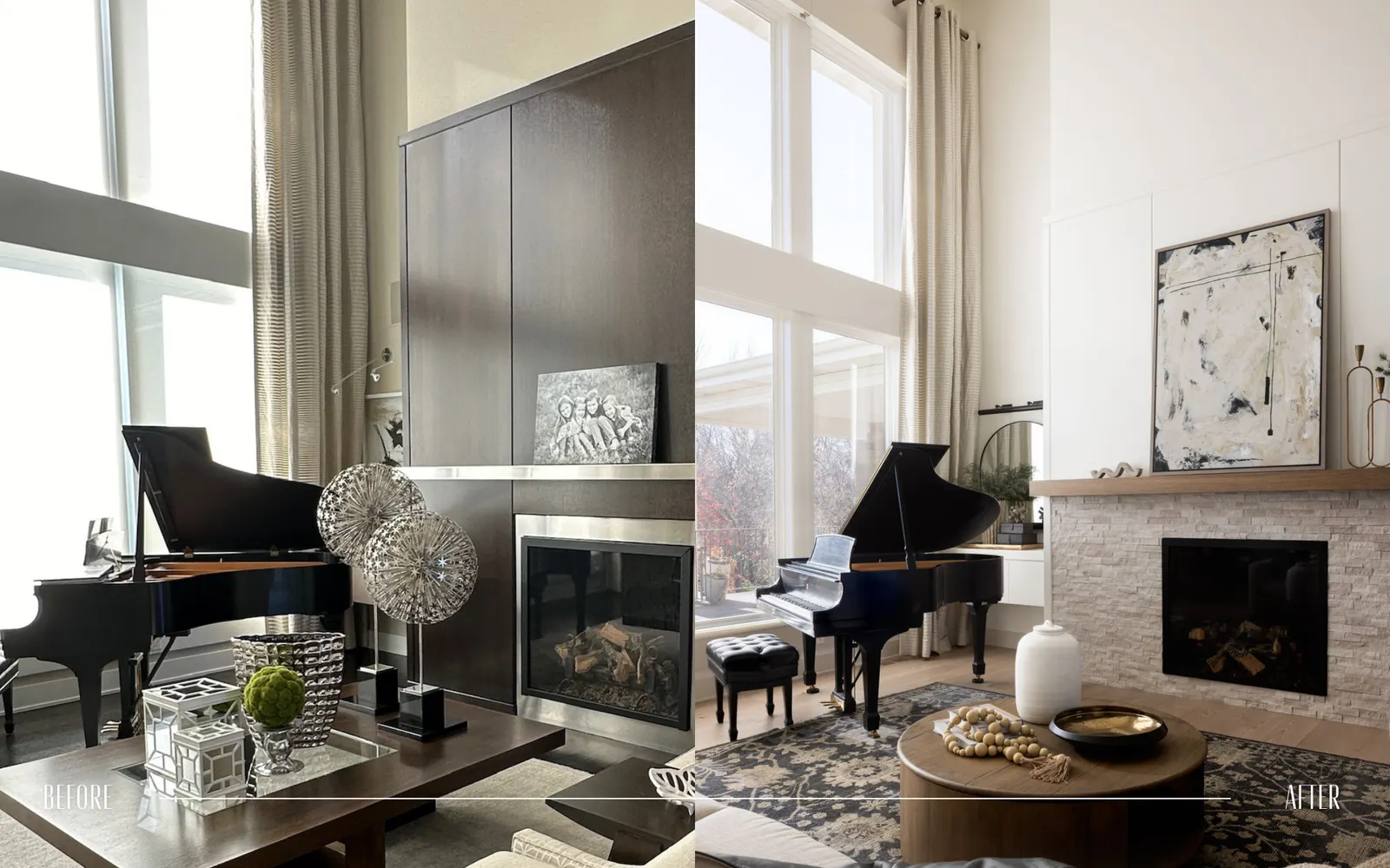 Split image showing a living room before and after interior renovation; the "before" side has darker furniture, a cluttered coffee table, and dim lighting, while the "after" side features brighter decor, a modern fireplace, and improved natural light