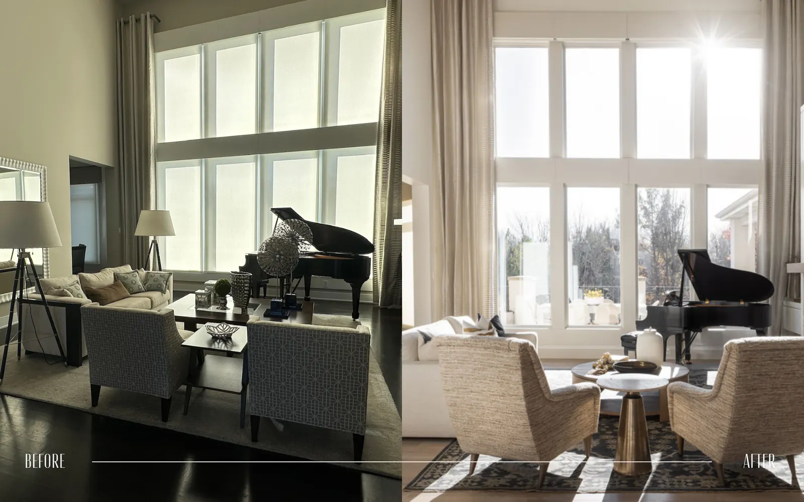 Comparison of a living room before and after redecorating, showing changes in furniture arrangement and window treatments.