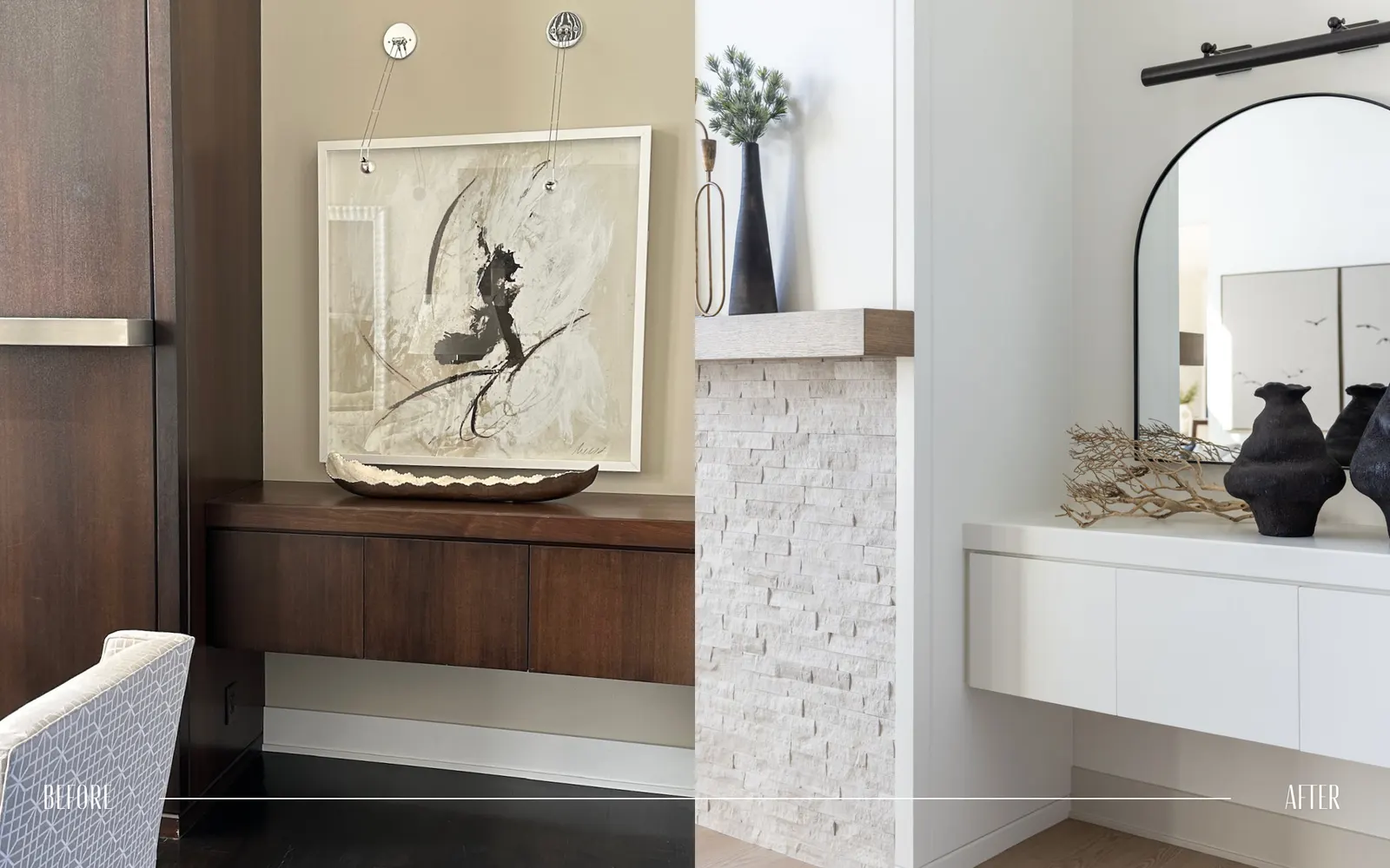 Comparison of a living space interior before and after renovation, showing different wall and decor styles.