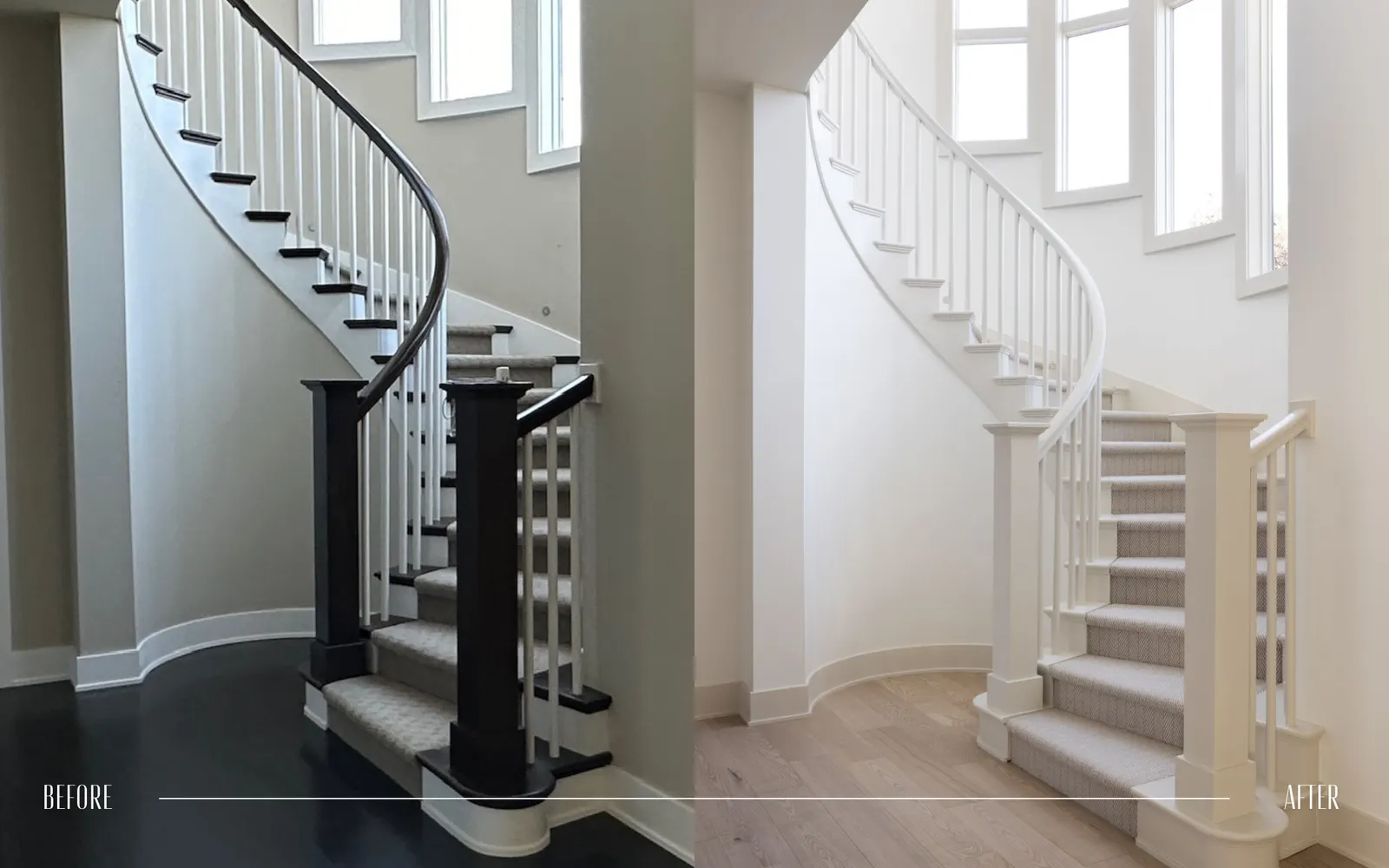 Comparison of two staircase areas, with the left showing a dark and black painted staircase with dark flooring, and the right showing a white staircase with light wood flooring, both with white walls and multiple windows.
