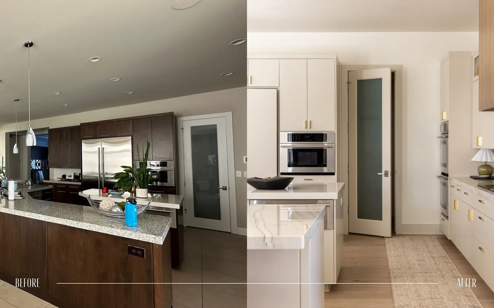 Side-by-side comparison of a kitchen before and after renovation. The before side shows a kitchen with dark wood cabinets and a granite countertop, while the after side shows a modern kitchen with all white cabinets, light countertops, and a minimali