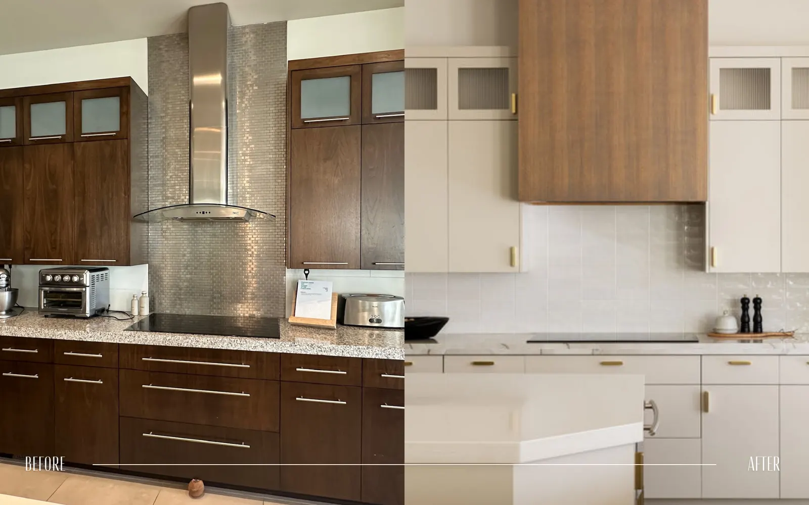 Side-by-side comparison of a kitchen before and after renovation. Left shows a kitchen with dark wood cabinets, stainless steel appliances, and a chrome range hood. Right shows a renovated kitchen with white cabinets, a white backsplash, and gold acc