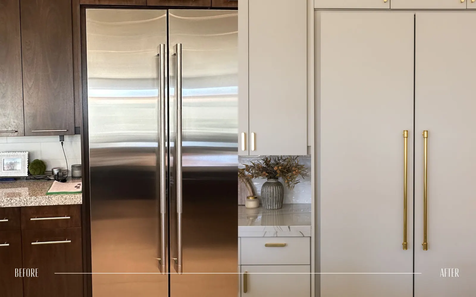 Comparison of kitchen cabinet and appliance styles, showing a before and after renovation. The left side features dark wood cabinets and a stainless steel refrigerator, while the right side displays white cabinets with gold handles and a decorated co