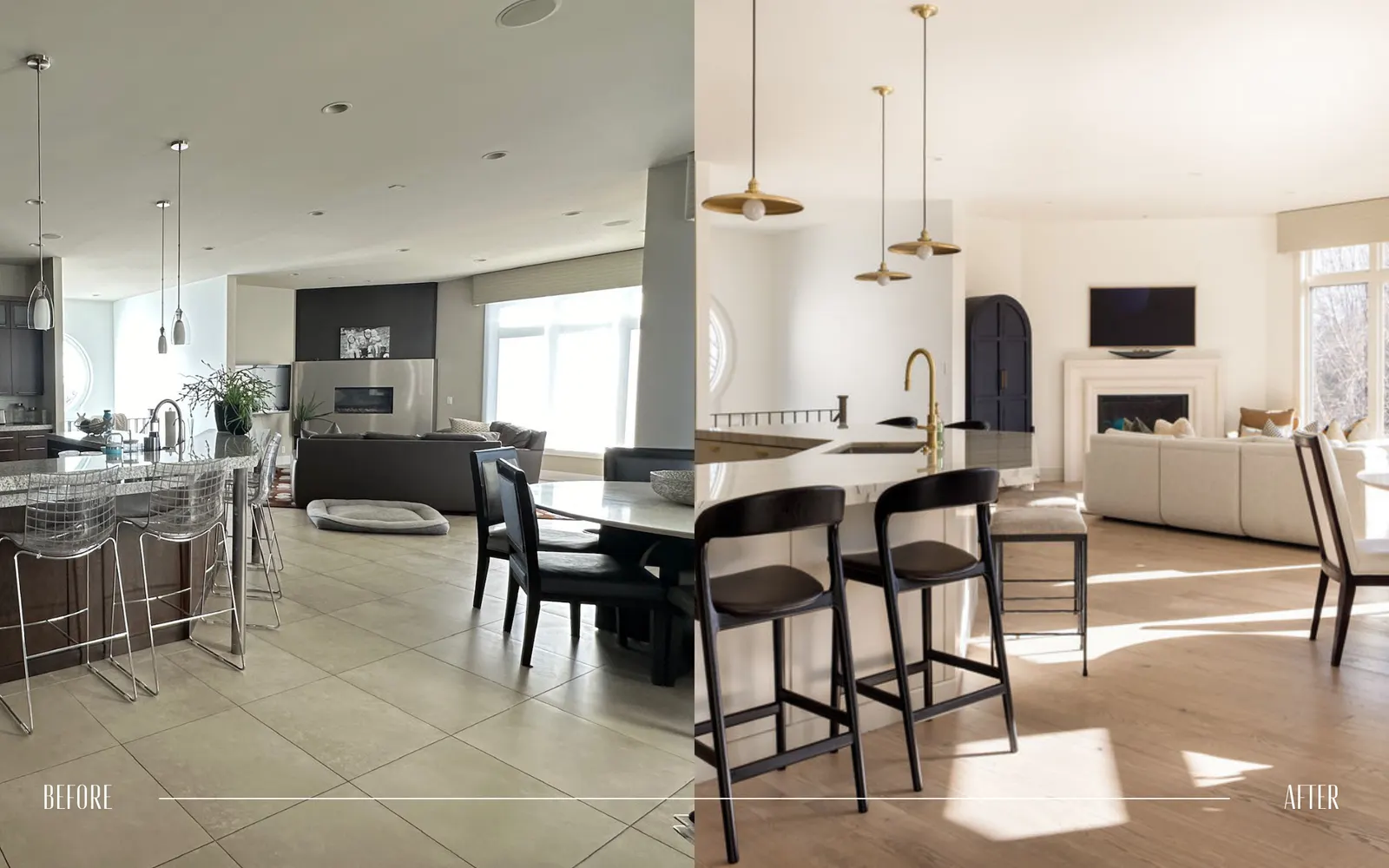 Comparison of a room before and after renovation, showing a kitchen and living room area with different lighting, decor, and furniture styles in each half.