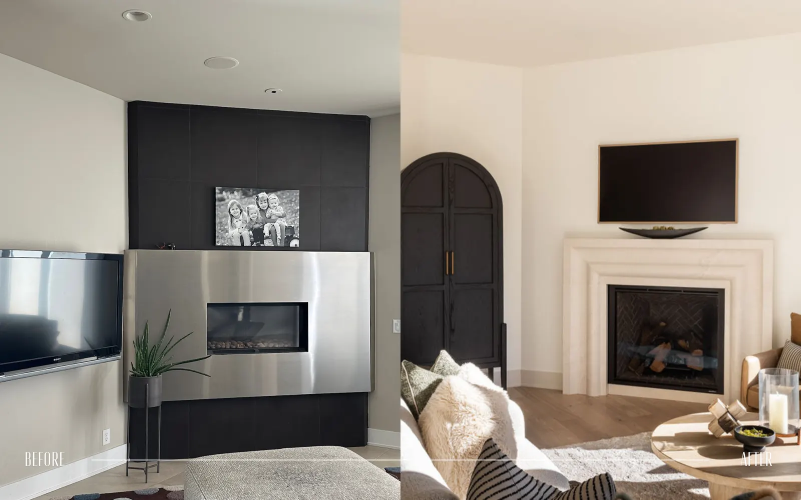 Side-by-side comparison of a living room before and after a renovation. The left side shows an outdated living room with a black and gray fireplace, an old TV, and minimal decor. The right side shows a modernized living room with a white fireplace, a