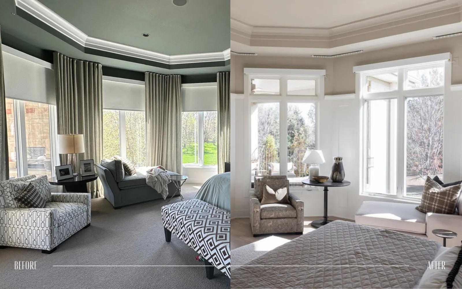 Split image showing a room before and after renovation. The 'before' side has darker green walls, patterned furniture, and heavy curtains; the 'after' side has lighter walls, modern furniture, and large bright windows.