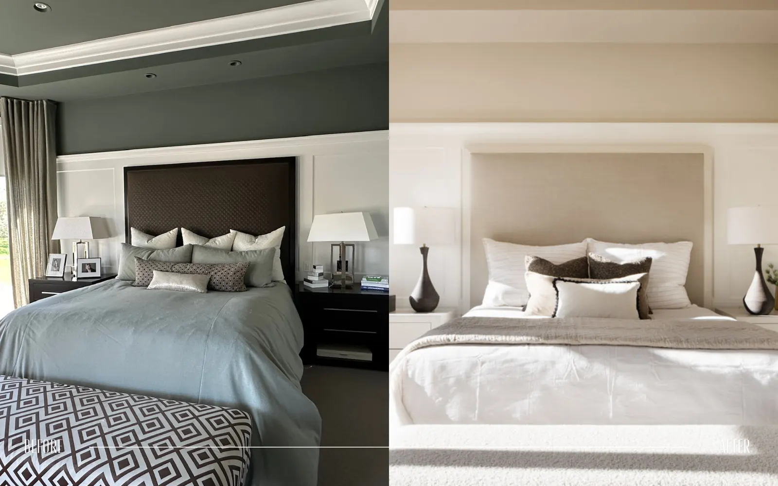 Side-by-side comparison of a bedroom before and after renovation. The before side shows a dark green ceiling, gray walls, and a bed with a gray bedspread and multiple pillows. The after side features a beige ceiling, off-white walls, and a bed with w