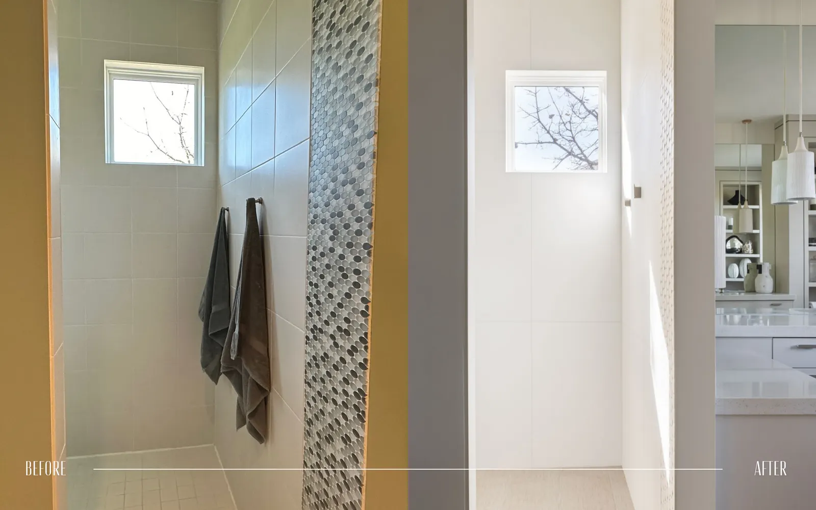 Comparison of a bathroom shower area before and after renovation, showing the original with darker tiles and two hanging towels, and the renovated with white tiles and bright open space.