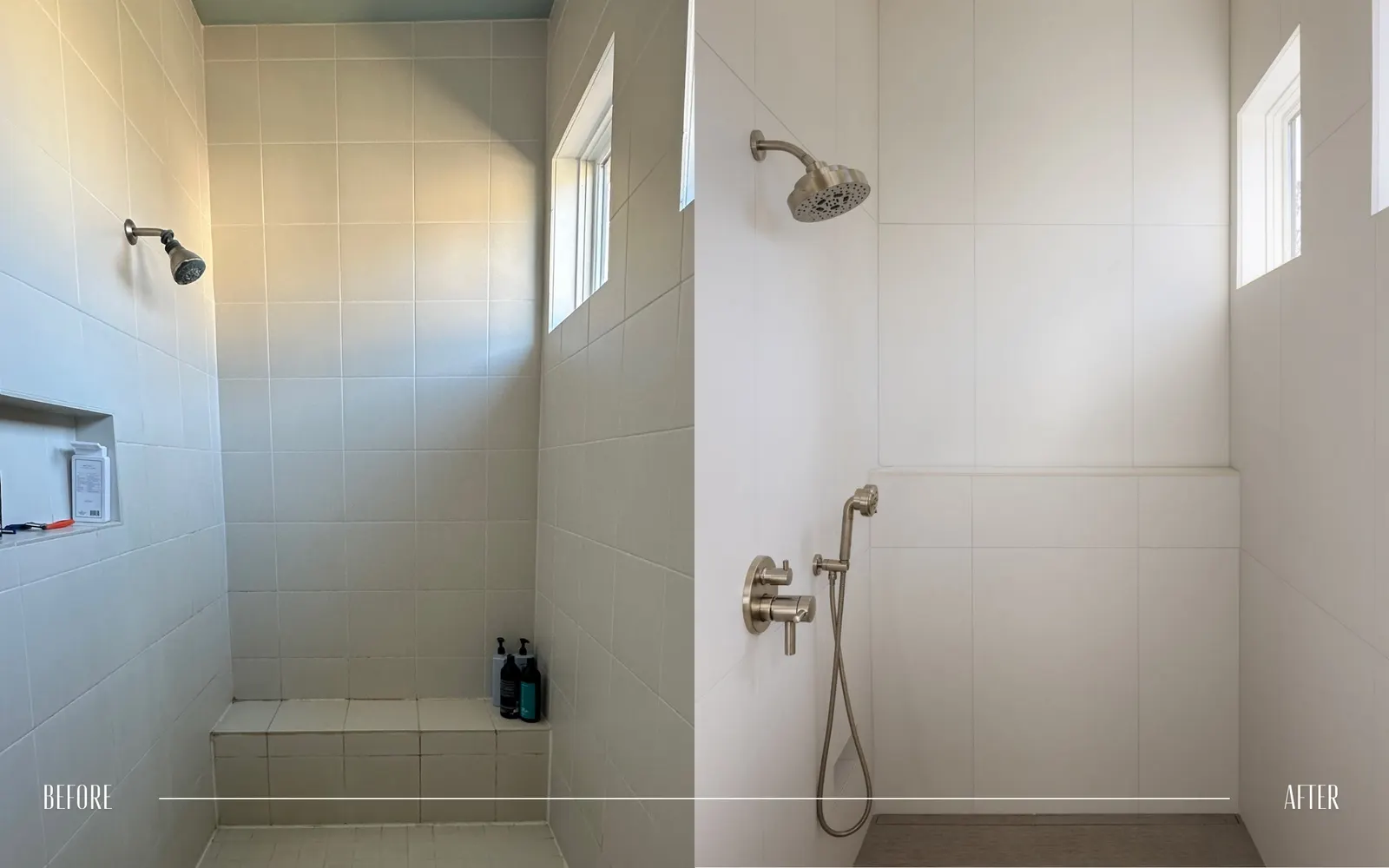 Comparison of shower area before and after renovation, showing a plain tiled shower with bottles on a ledge before and a cleaner, modern shower with a water fixture and handheld shower head after.