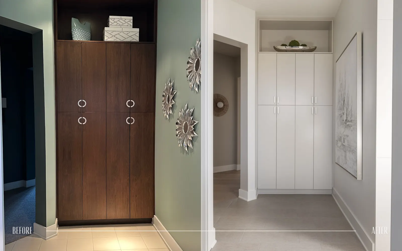 Comparison of an entryway before and after a renovation. The 'before' side features a dark wood cabinet and green wall with decorative metal flowers, while the 'after' side has a white cabinet and neutral wall with abstract art.