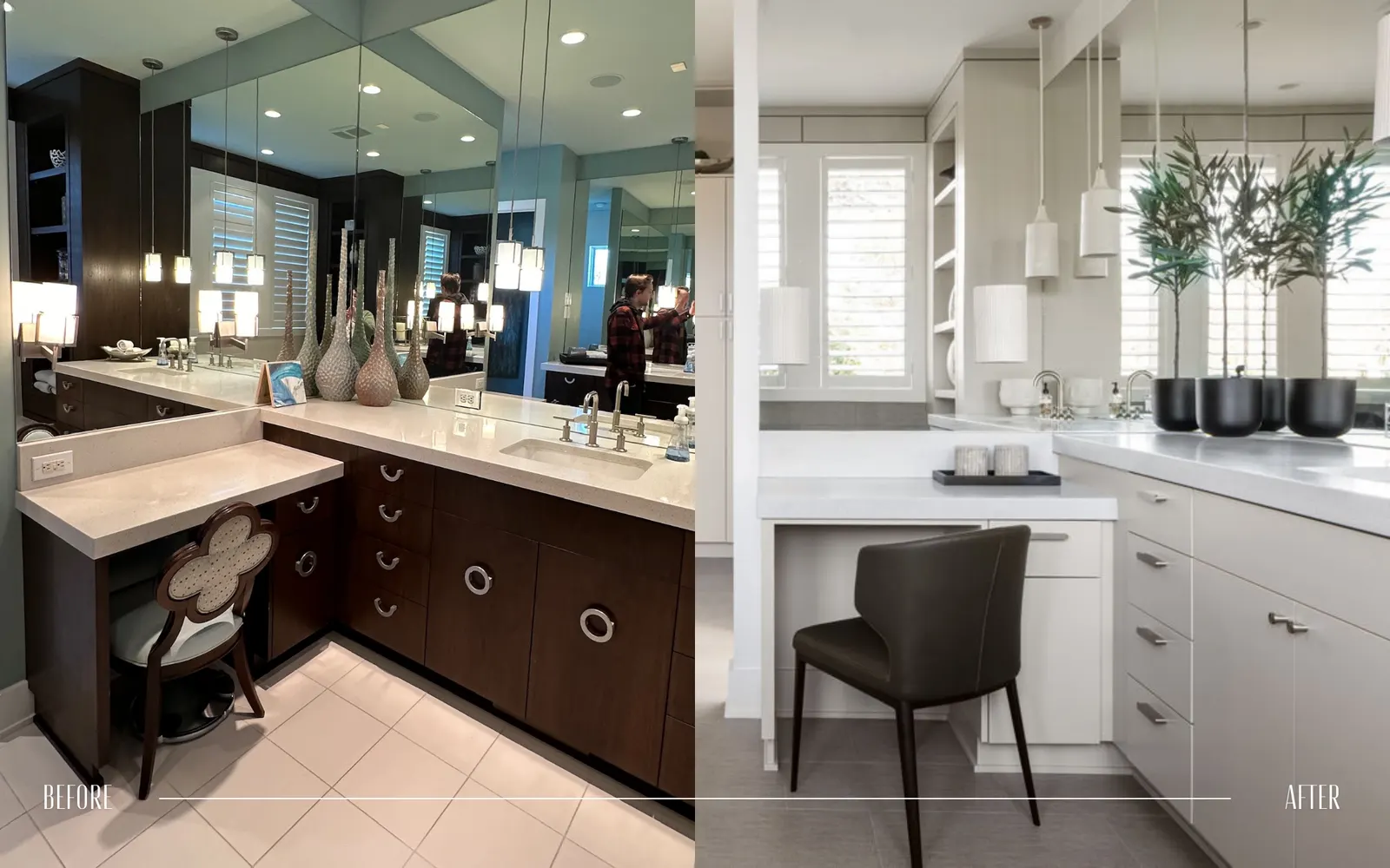 Comparison of a kitchen before and after renovation. Left side shows a dark wood cabinet kitchen with beige countertops and decorative vases, and the right side shows a bright white kitchen with minimalist decor and black planters with greenery.