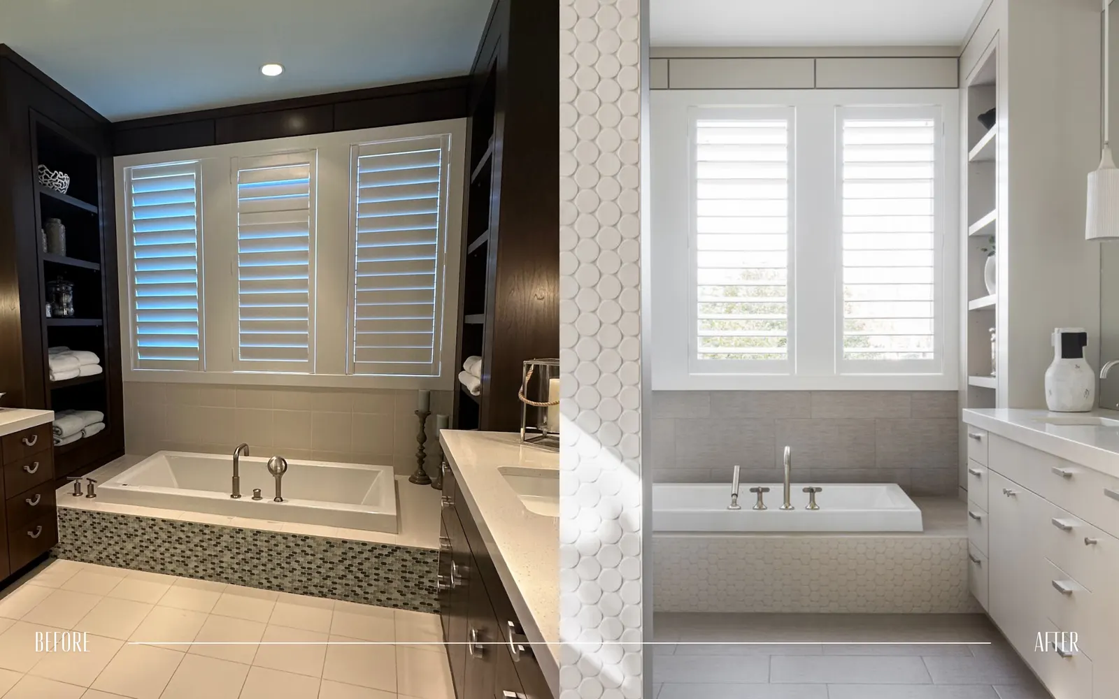 Split-screen image showing a bathroom before and after renovation. The left side shows a darker bathroom with dark wood cabinets, a soaking tub, and blue window shutters. The right side shows a bright, modern bathroom with white cabinetry, white wind