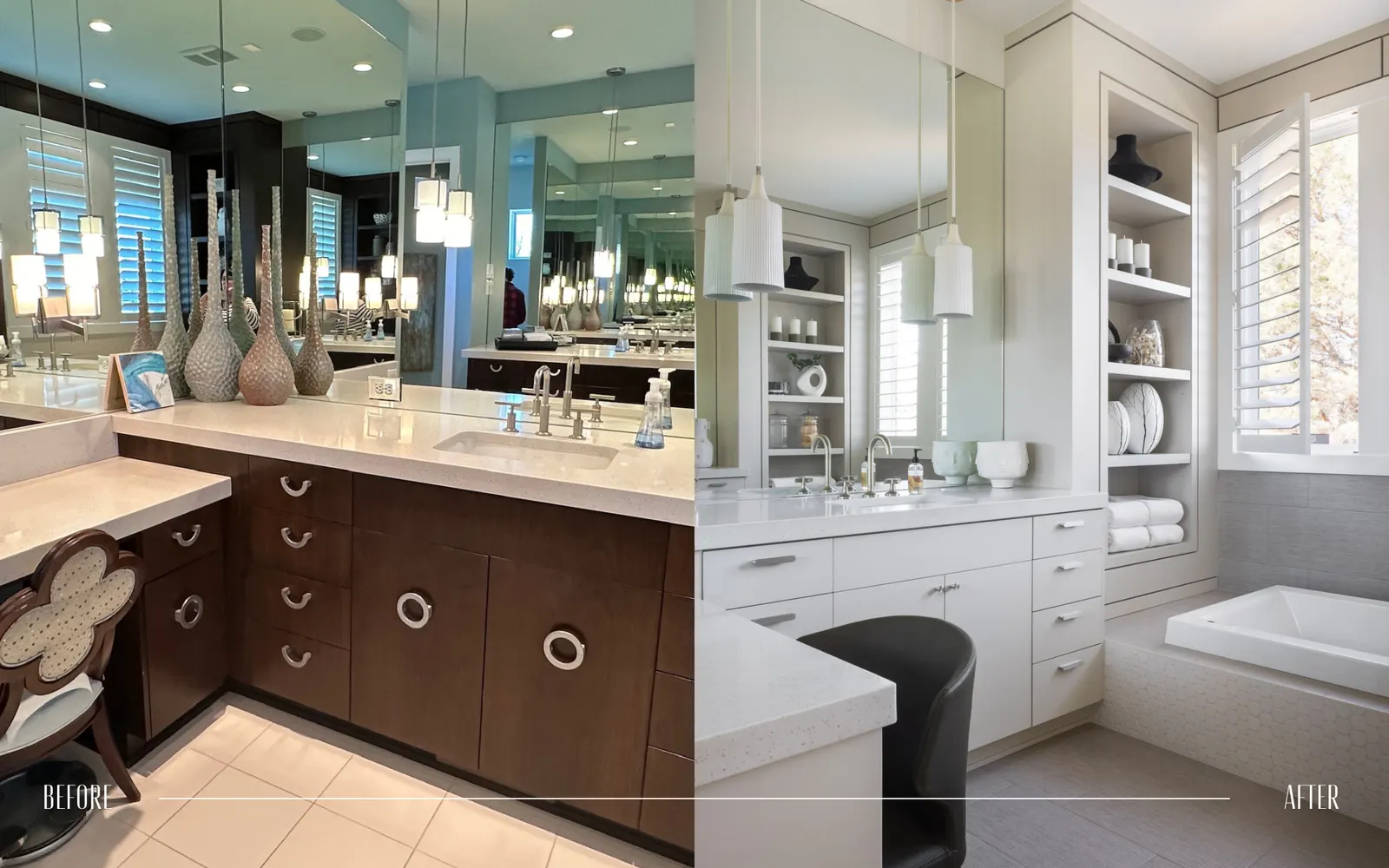 Side-by-side comparison of a bathroom before and after renovation. The 'before' section shows a countertop with brown cabinets, cluttered with decorative vases, and a backsplash with multiple hanging pendant lights. The 'after' section shows a modern
