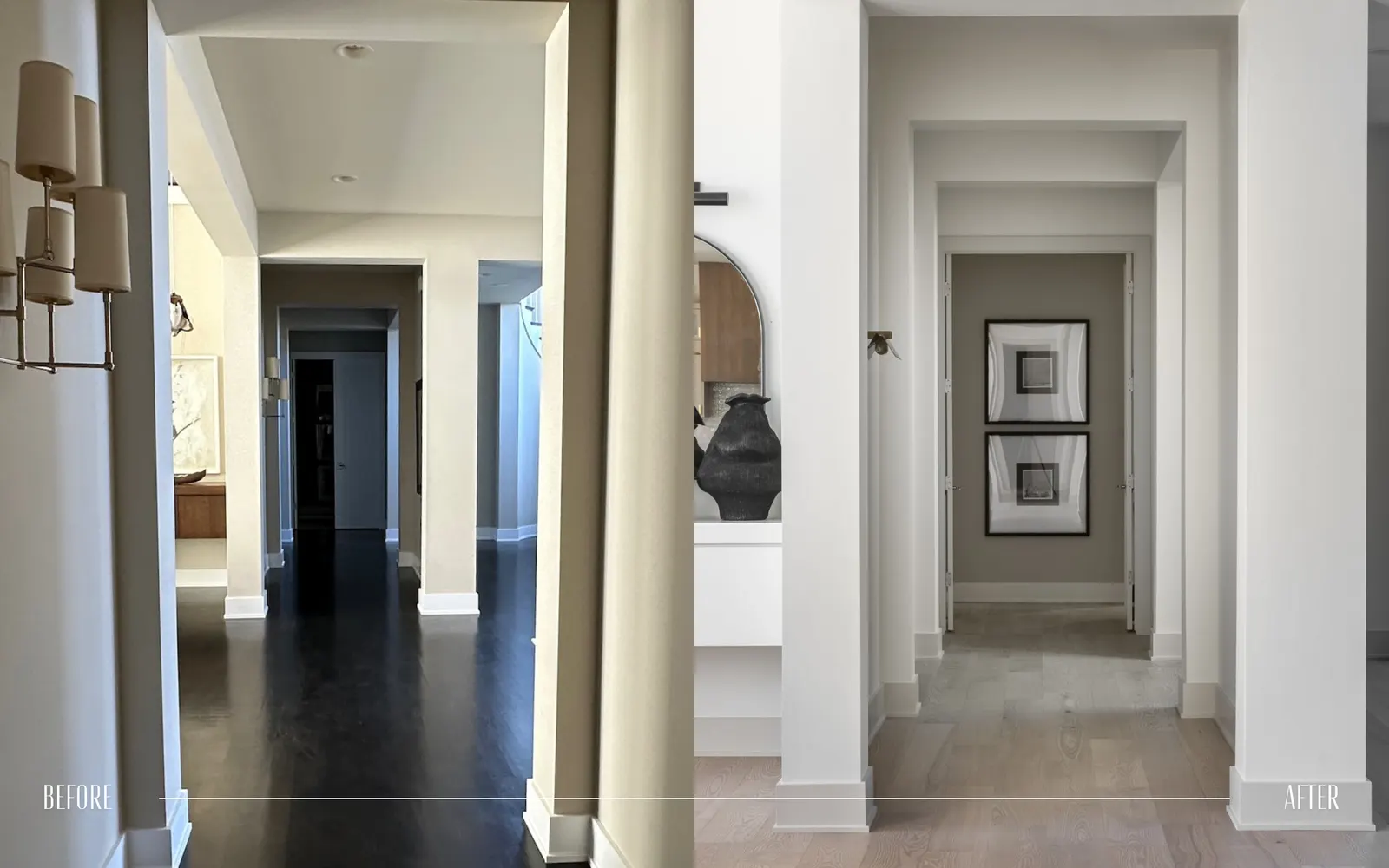 Side-by-side comparison of a hallway before and after renovation. The 'Before' image shows a darker, older floor with darker walls, while the 'After' image displays a lighter, modern look with light wood flooring and white walls, highlighting a clean