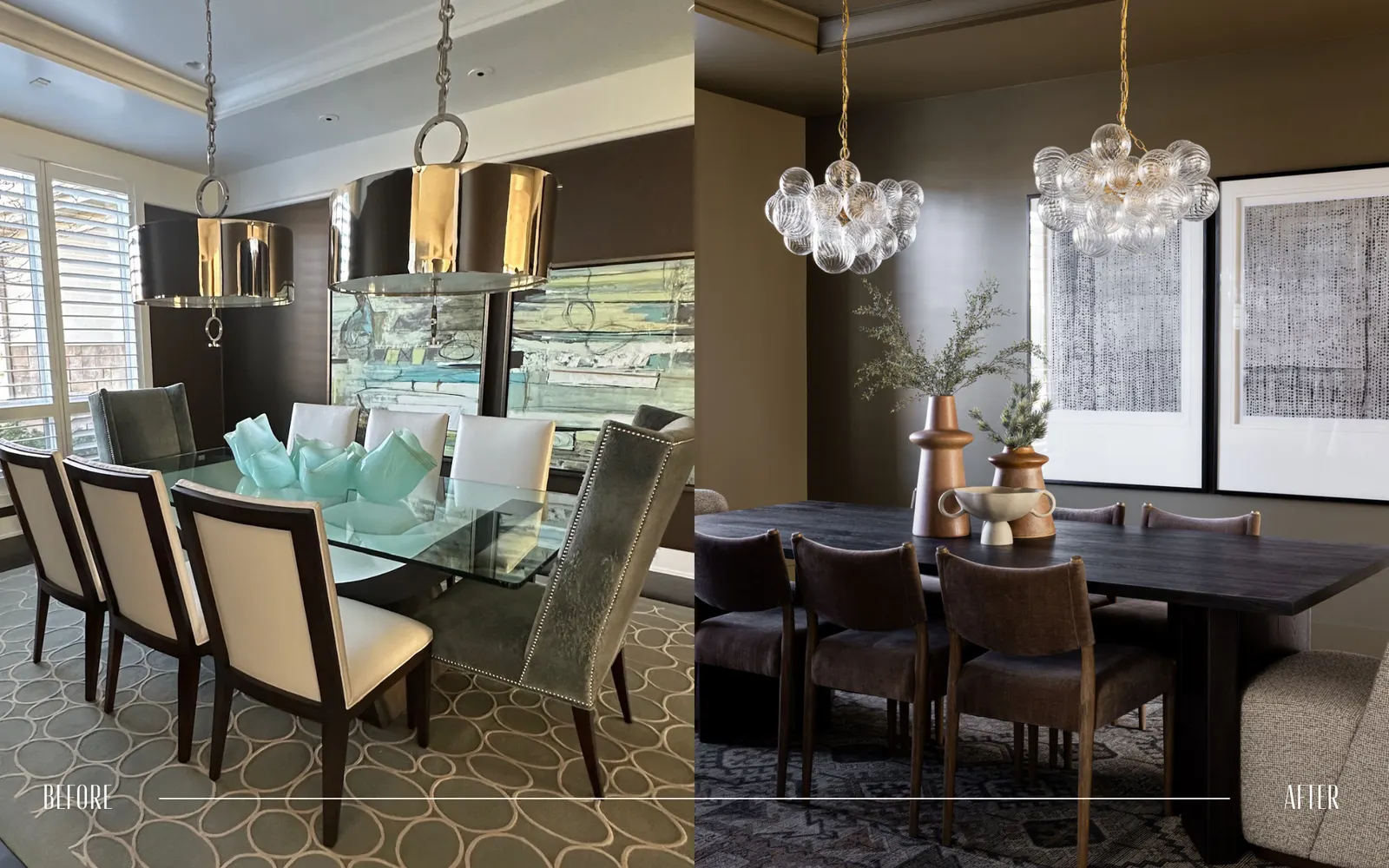 Side-by-side comparison of two dining rooms, labeled 'before' and 'after.' The 'before' room has a glass-top table with eight chairs, large modern pendant lights, and patterned carpeting. The 'after' room has a dark wood table with six chairs, a cont