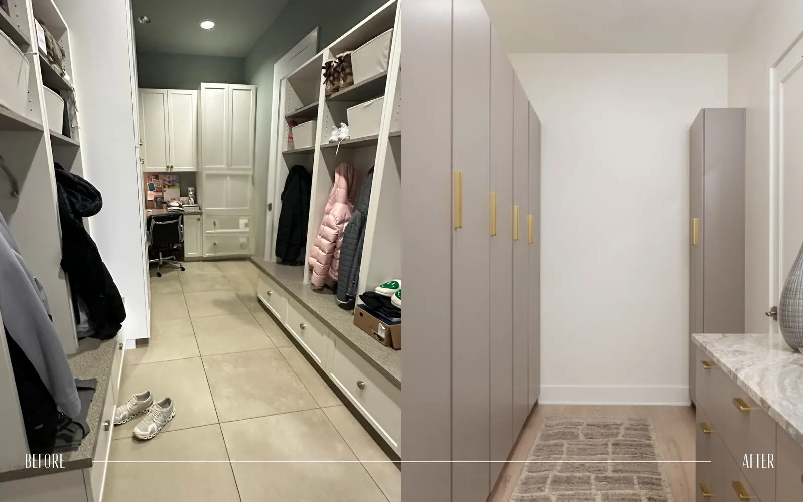 Side-by-side comparison of a cluttered, organized mudroom with shoes, coats, and office supplies on the left and a minimalist, modern mudroom with sleek gray cabinets and gold handles on the right.