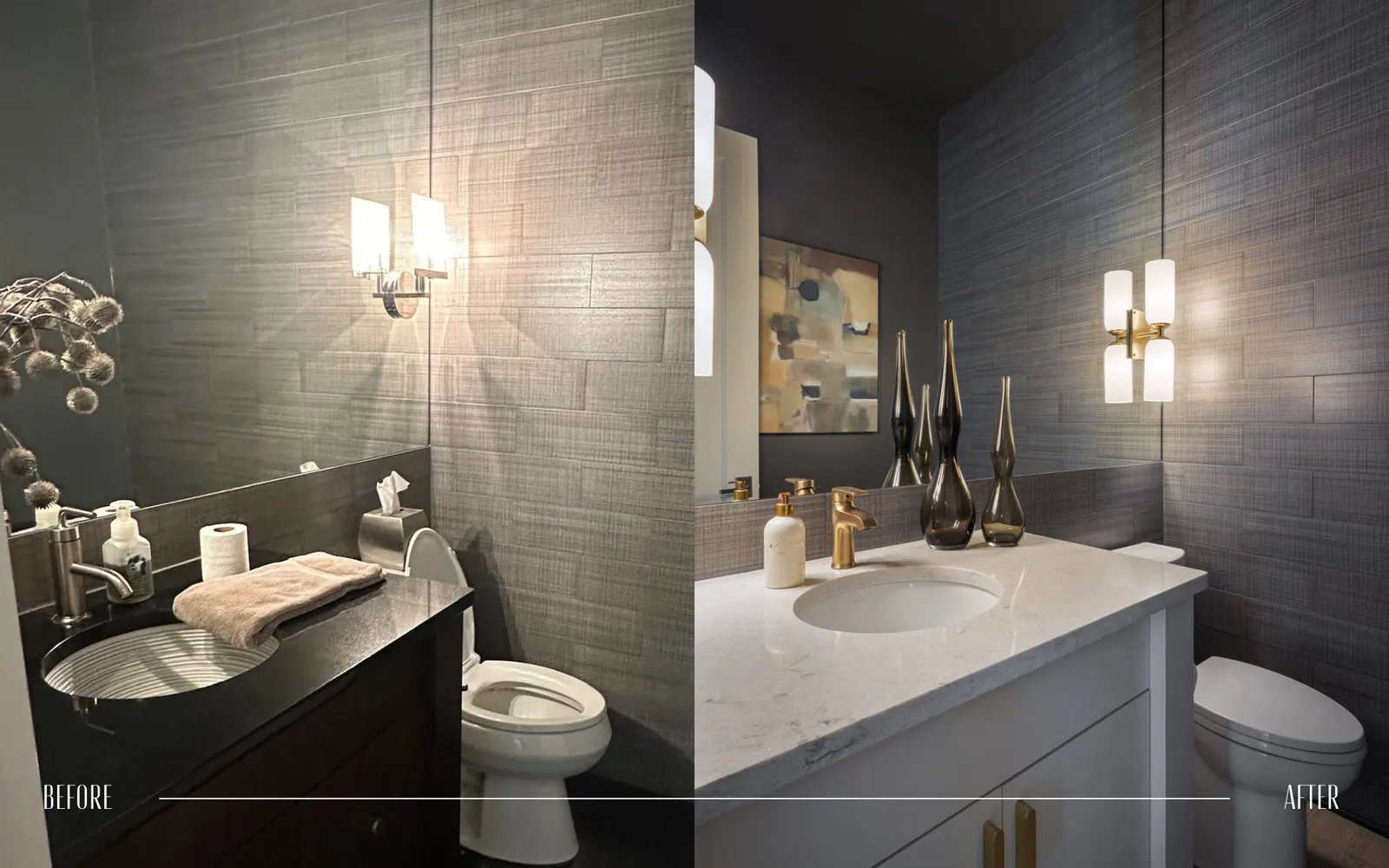 Comparison of a bathroom before and after renovation. The "before" side shows a dark wooden vanity with a small sink, a cluttered countertop, and dim lighting. The "after" side features a brighter, modern bathroom with a white marble countertop, deco