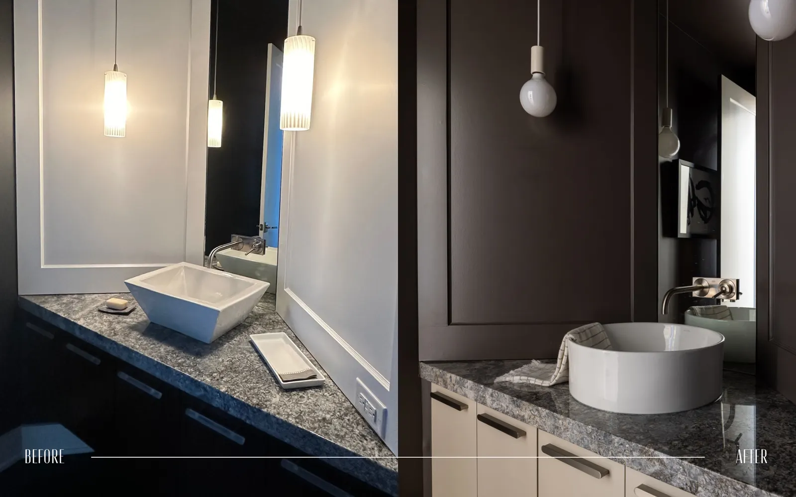 Side-by-side images showing a bathroom before and after renovation. The before image has white walls, pendant lights, a vessel sink, a soap dish, and a small rectangular tray on a granite countertop. The after image has dark walls, a round vessel sin