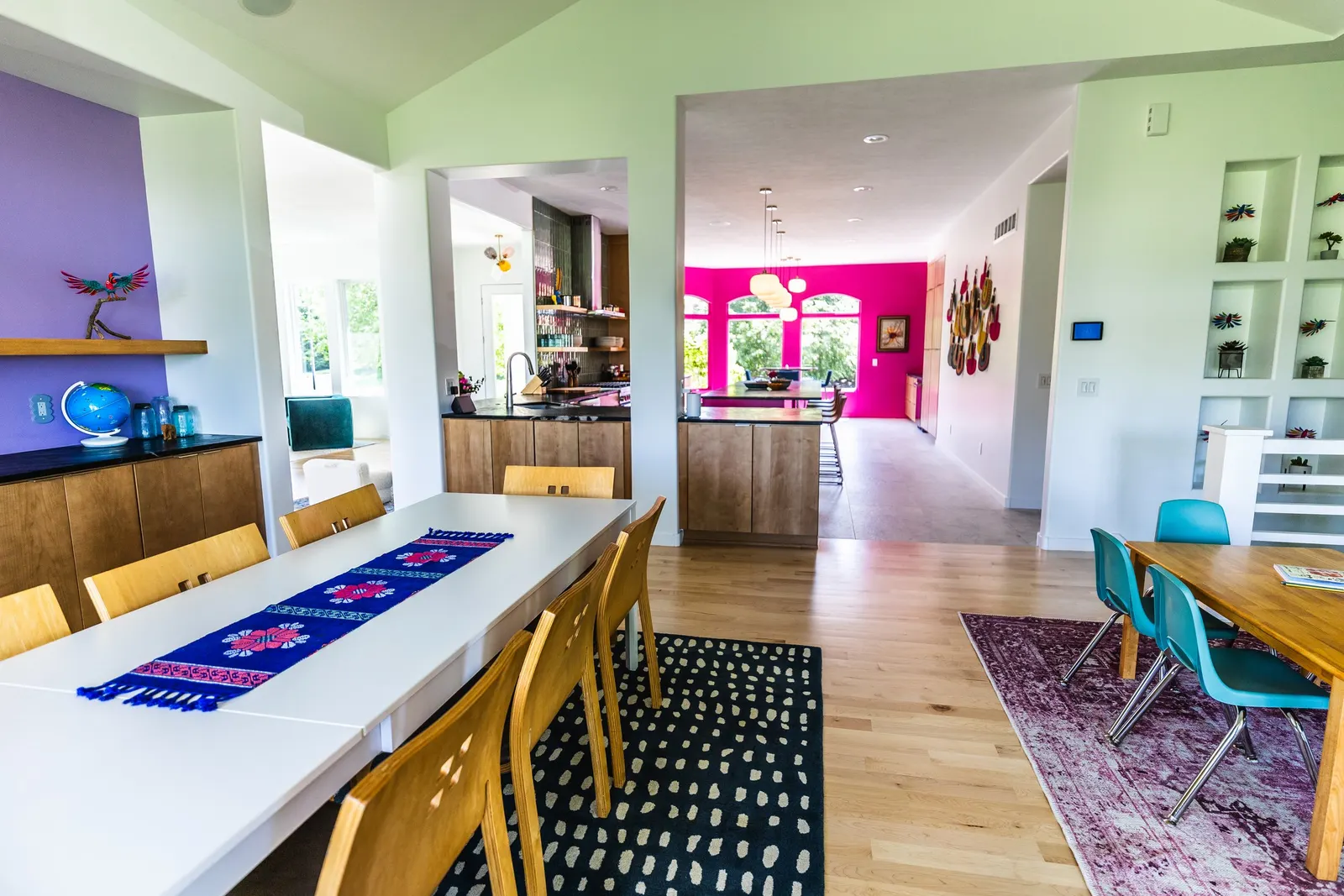 2007 Dining Room Remodel, wood floors, color drenching, floating shelves, bright colors, buffet, custom wood cabinets, large windows, craftsmanship, modern design, brushed nickel hardware.