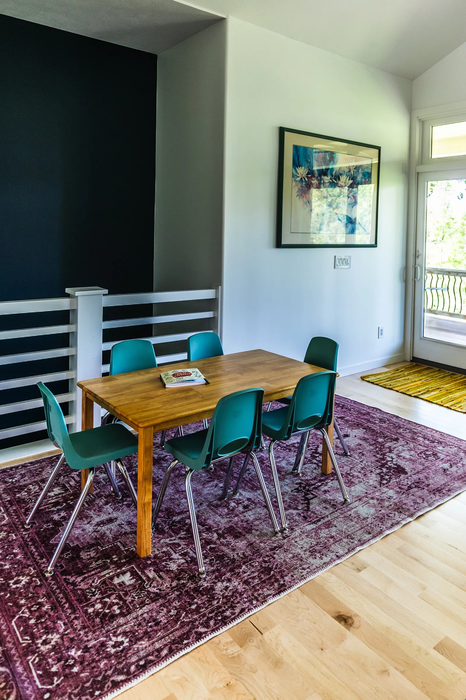 2007 Dining Room Remodel, wood floors, color drenching, floating shelves, bright colors, buffet, custom wood cabinets, large windows, craftsmanship, modern design, brushed nickel hardware.