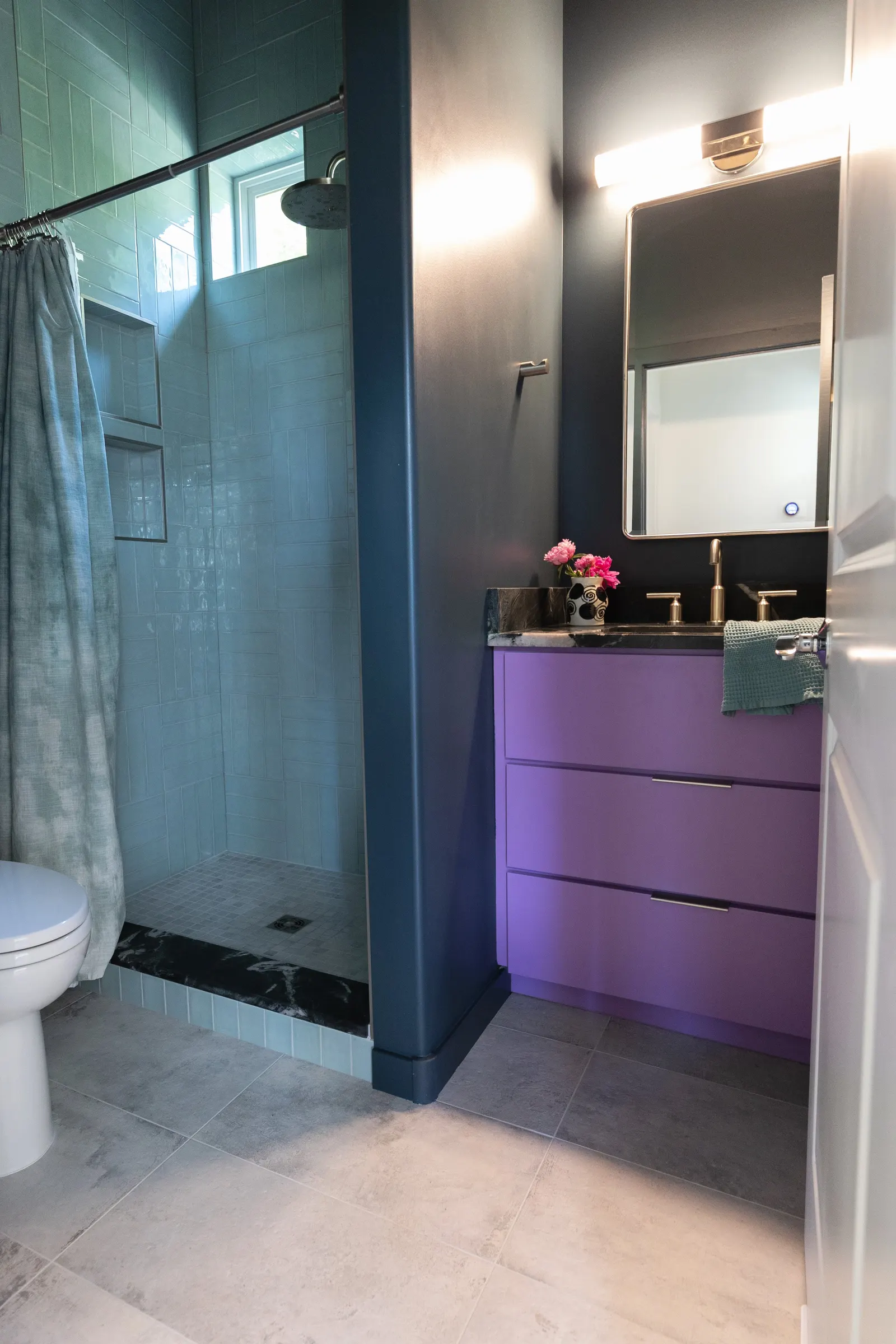 2007 Bathroom Remodel, tile floors, color drenching, violet vanity, dark quartz countertops, brushed nickel faucet, brushed nickel hardware, custom cabinets