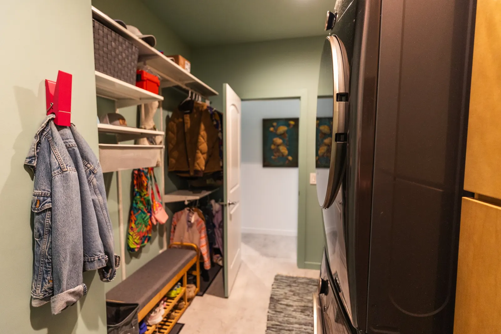 2007 Mudroom Remodel, laundry room, color drenching, custom wood cabinets, quartz countertop, purple subway tile backsplash, laundry room solutions, brushed nickel hardware.