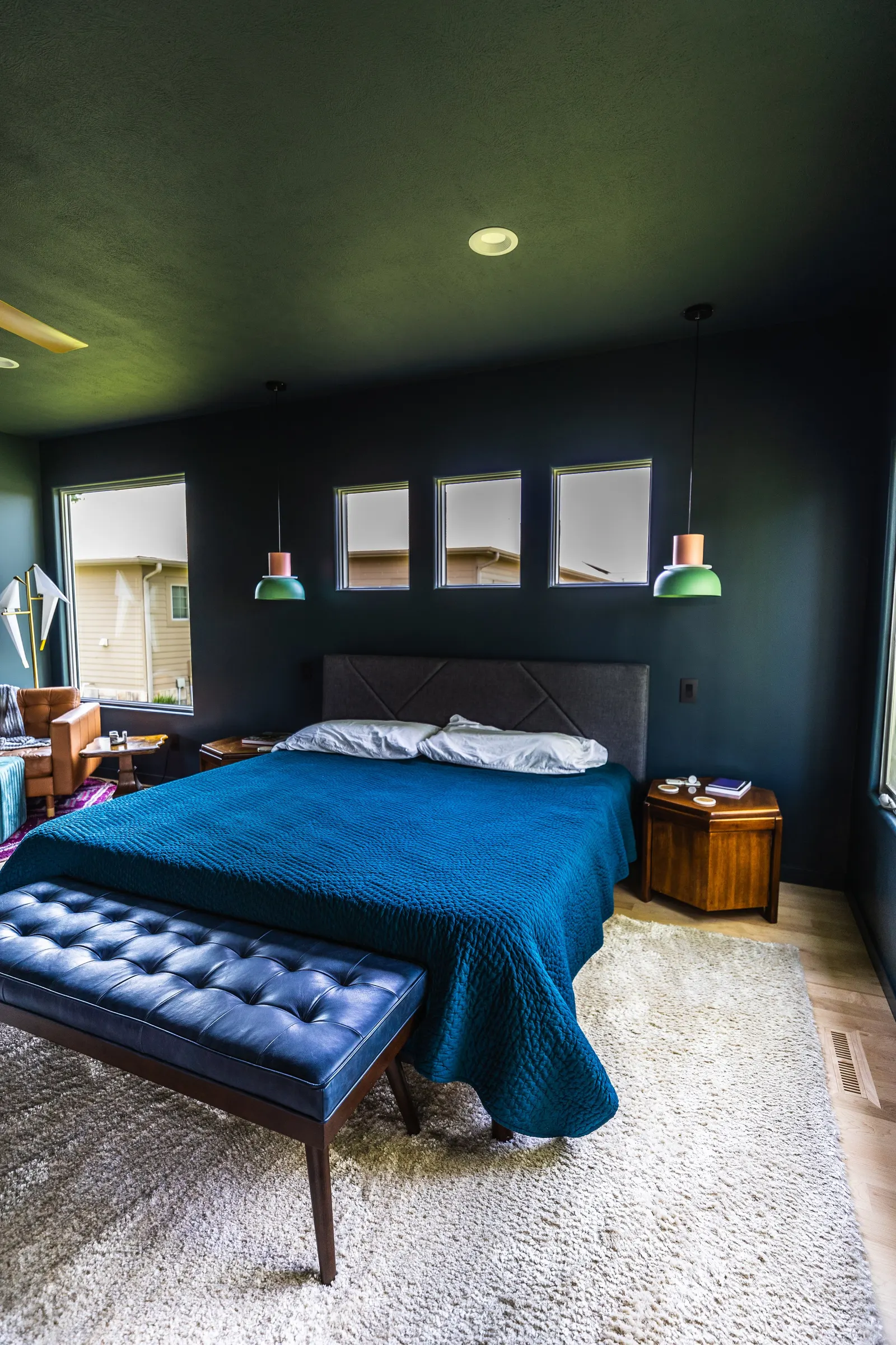 2007 Bedroom Remodel, color drenching, dark green, large windows, unique light fixtures, primary bedroom, wood floors.