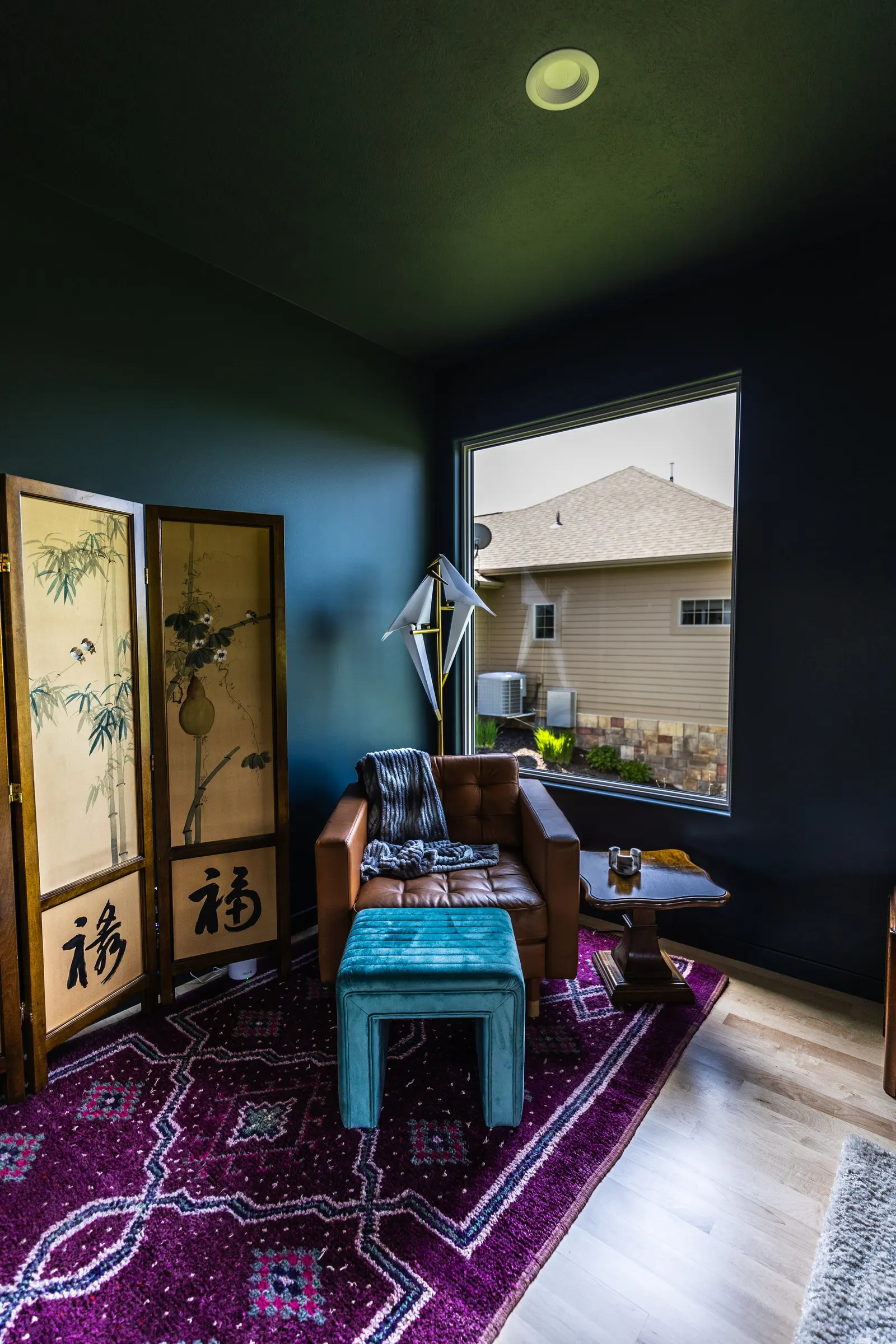 2007 Bedroom Remodel, color drenching, dark green, large windows, unique light fixtures, primary bedroom, wood floors.