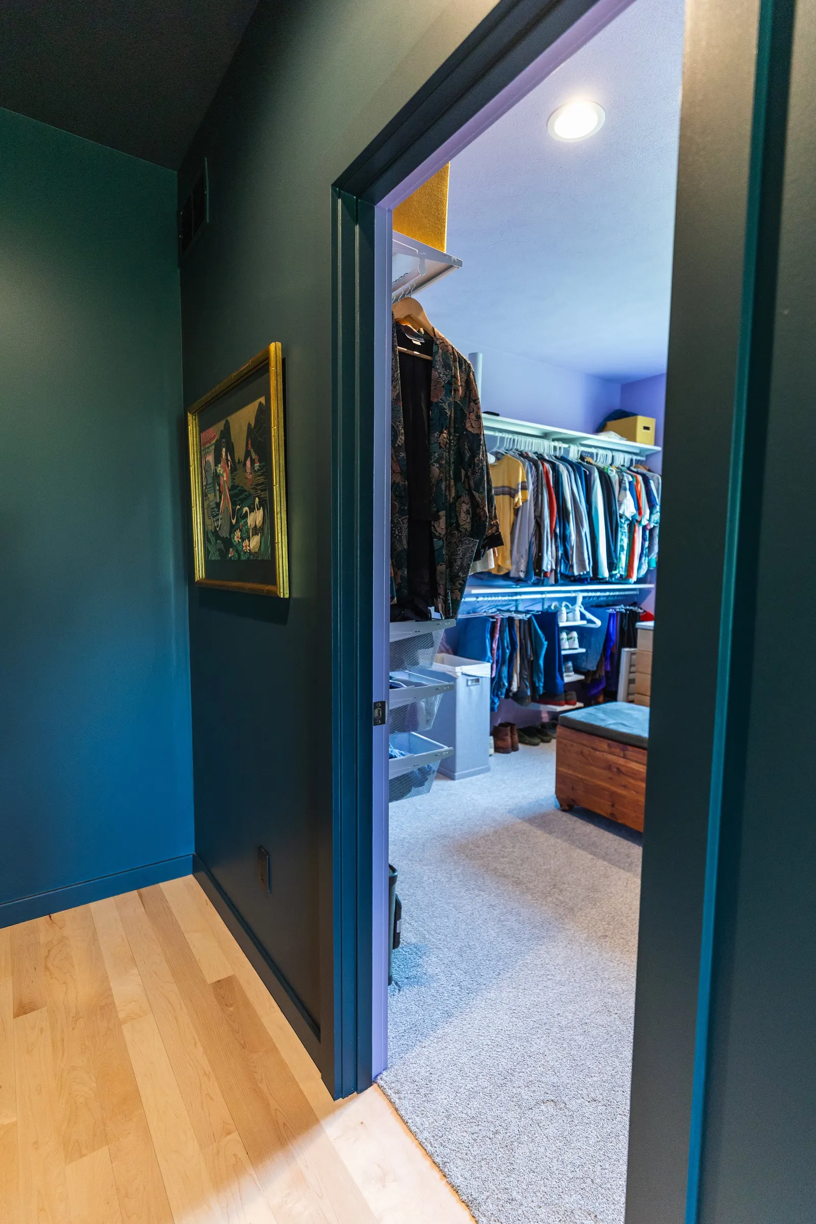 2007 Bedroom Remodel, color drenching, dark green, large windows, unique light fixtures, primary bedroom, wood floors, walk-in closet, closet organization, closet systems.