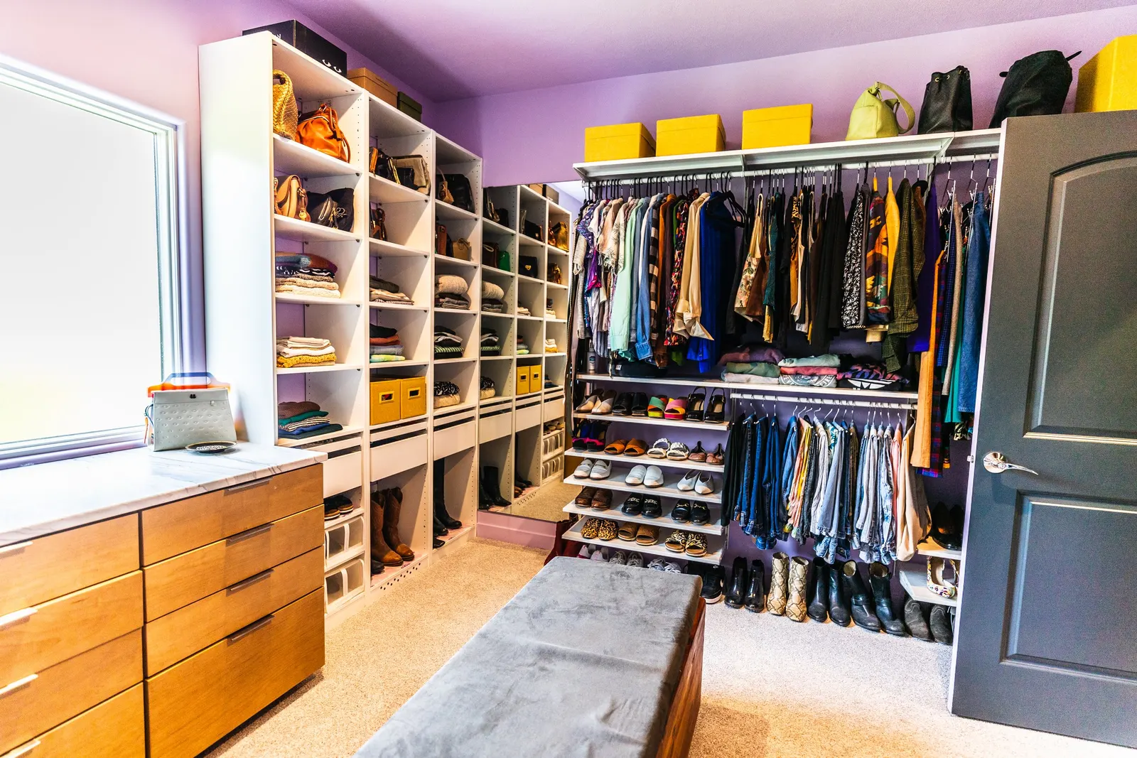 2007 Bedroom walk-in closet remodel, color drenching, violet, large windows, unique light fixtures, primary bedroom, wood floors, walk-in closet, closet organization, closet systems.