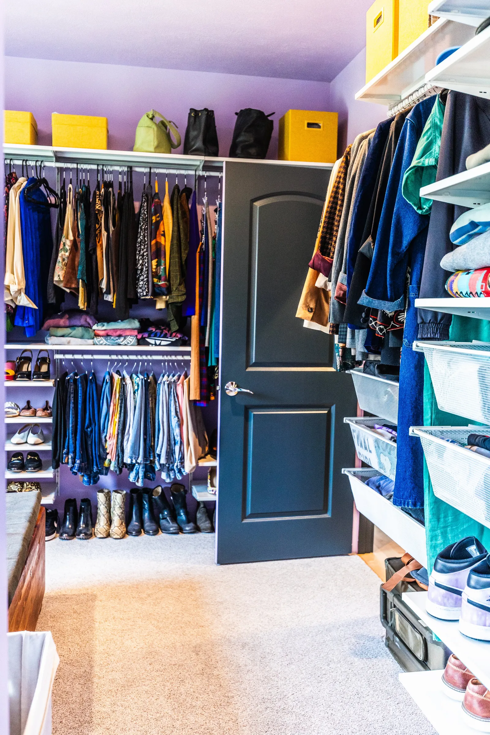 2007 Bedroom walk-in closet remodel, color drenching, violet, large windows, unique light fixtures, primary bedroom, wood floors, walk-in closet, closet organization, closet systems.