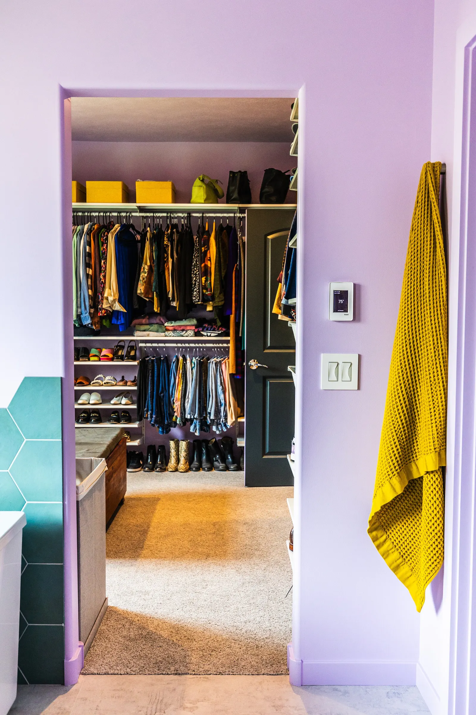 2007 Bedroom walk-in closet remodel, color drenching, violet, large windows, unique light fixtures, primary suite, wood floors, walk-in closet, closet organization, closet systems,