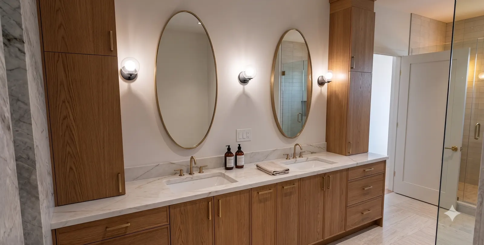 Liv Hus primary bath render, oak vanity and oval mirrors