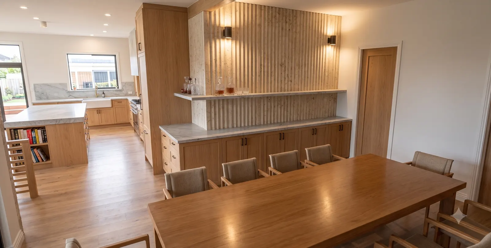 Liv Hus dining render, long oak table and fluted wood wall