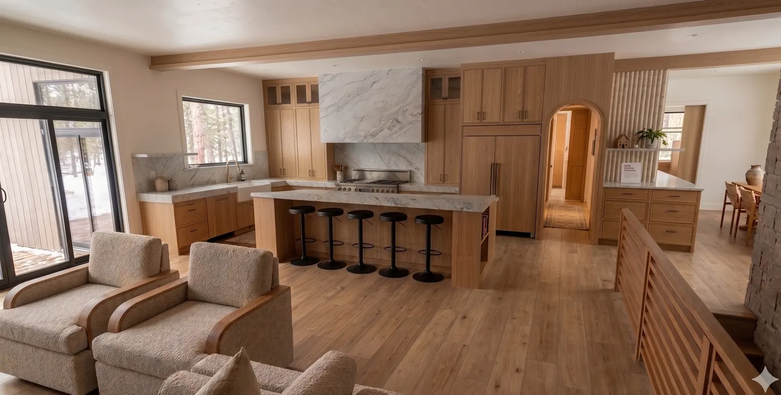 Liv Hus kitchen render, white oak cabinetry and marble range hood