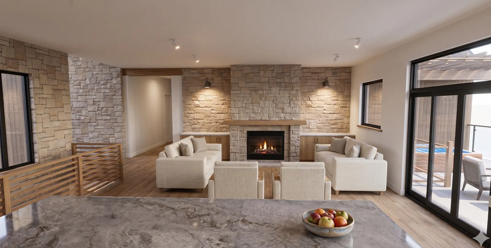 Liv Hus living room render, stone fireplace wall and wood